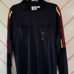 adidas Black Long-Sleeve collared Shirt, with Red & Yellow Sleeve Stripes